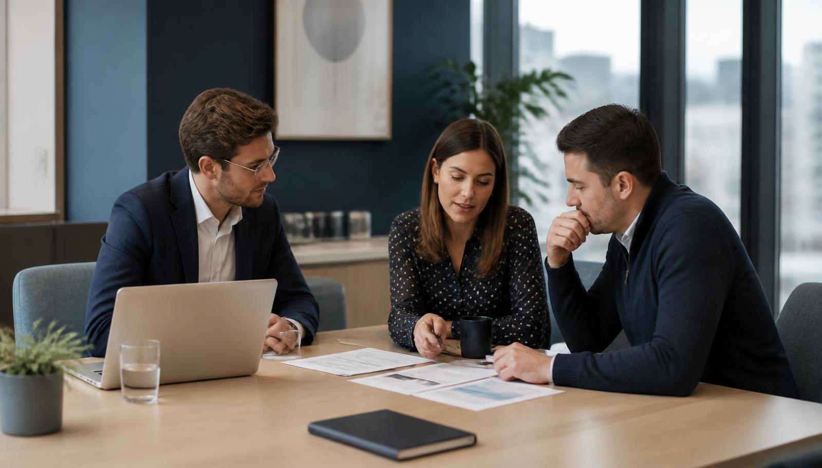 Three colleagues reviewing a commercial plan together at an office table with a laptop and printed documents
