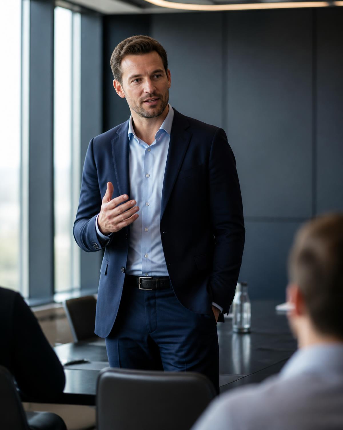 Frankie Tappin, founder of FLT Ltd, speaking during a boardroom meeting