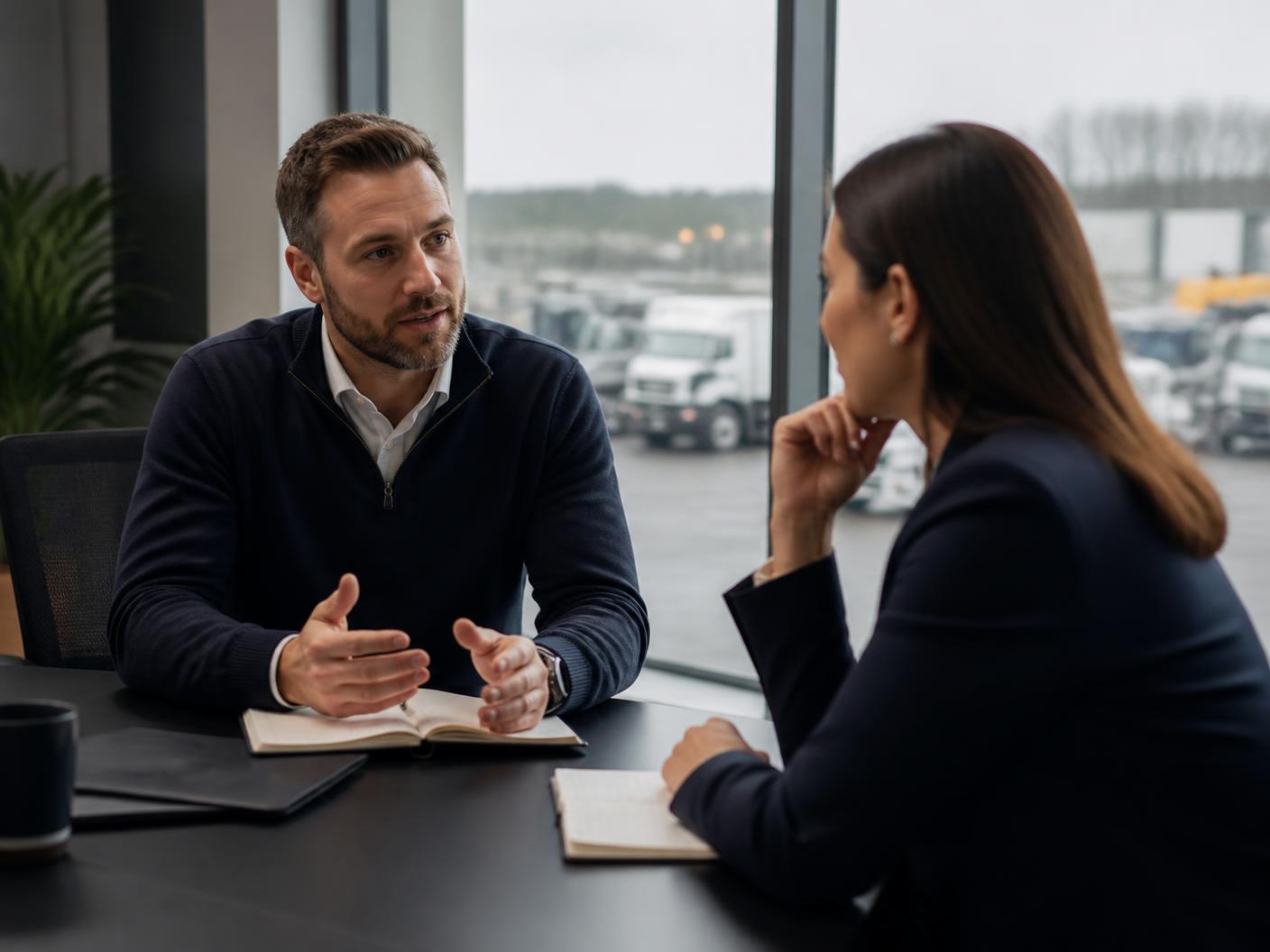 Two business people in discussion in a contemporary office overlooking a commercial vehicle yard