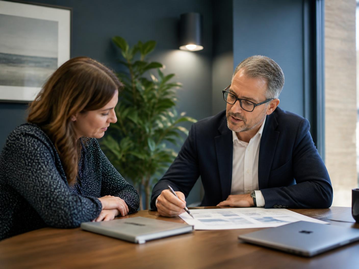 A commercial adviser reviewing a growth plan with a business owner in a meeting room